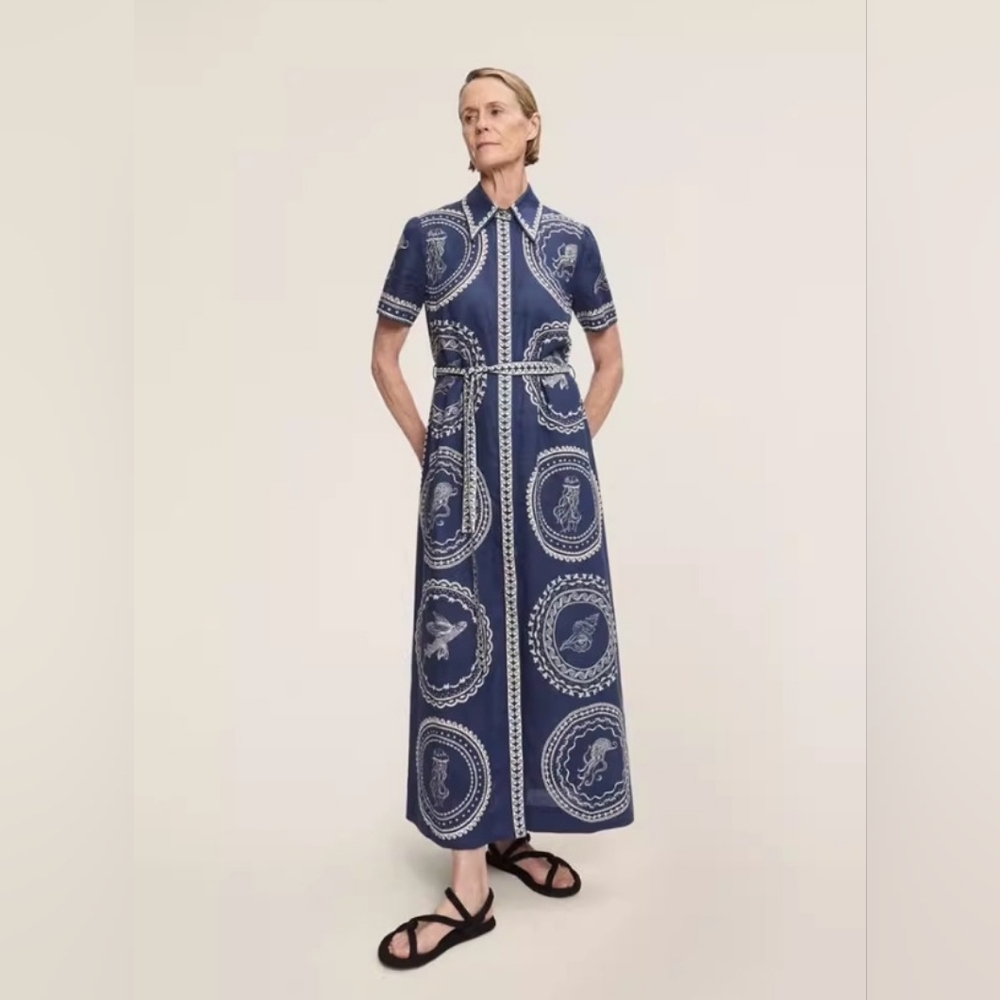 Alemais Oceane Linen Shirtdress in Navy US 4